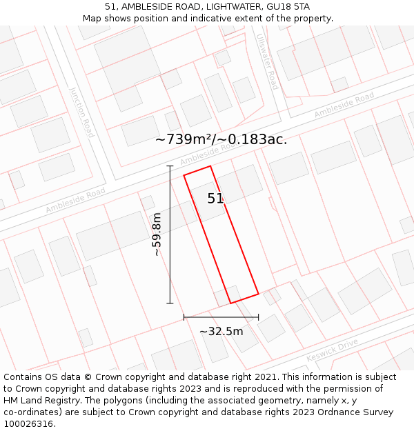 51, AMBLESIDE ROAD, LIGHTWATER, GU18 5TA: Plot and title map