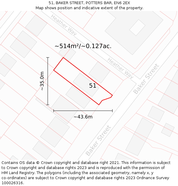 51, BAKER STREET, POTTERS BAR, EN6 2EX: Plot and title map