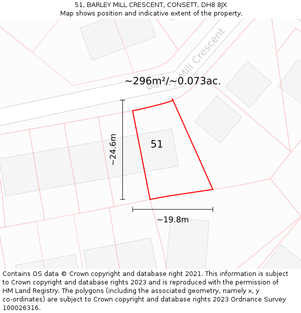 51, BARLEY MILL CRESCENT, CONSETT, DH8 8JX: Plot and title map