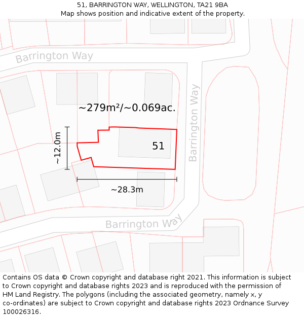 51, BARRINGTON WAY, WELLINGTON, TA21 9BA: Plot and title map