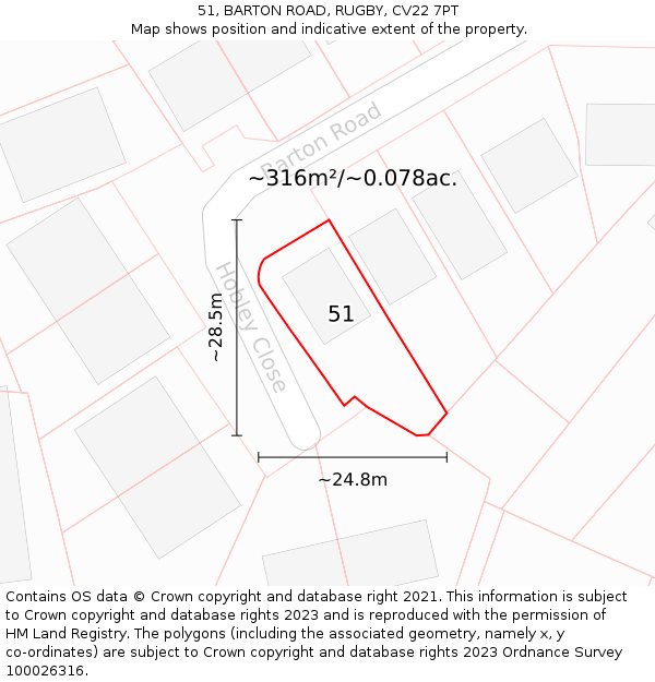 51, BARTON ROAD, RUGBY, CV22 7PT: Plot and title map