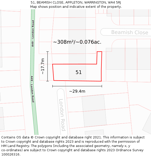 51, BEAMISH CLOSE, APPLETON, WARRINGTON, WA4 5RJ: Plot and title map