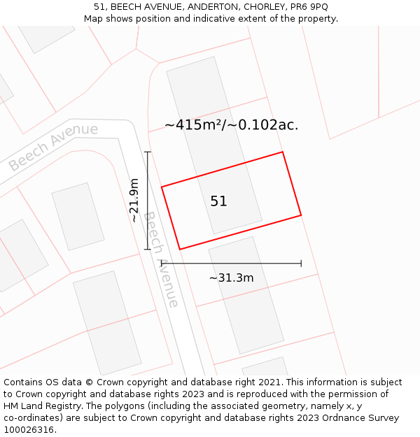 51, BEECH AVENUE, ANDERTON, CHORLEY, PR6 9PQ: Plot and title map