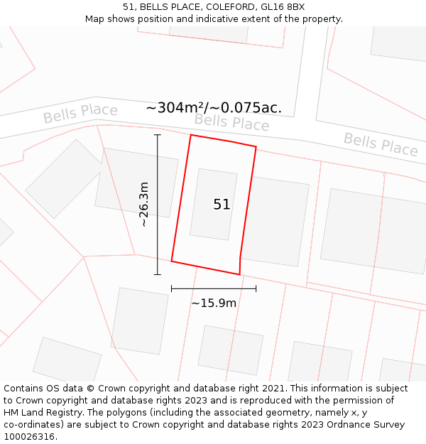 51, BELLS PLACE, COLEFORD, GL16 8BX: Plot and title map