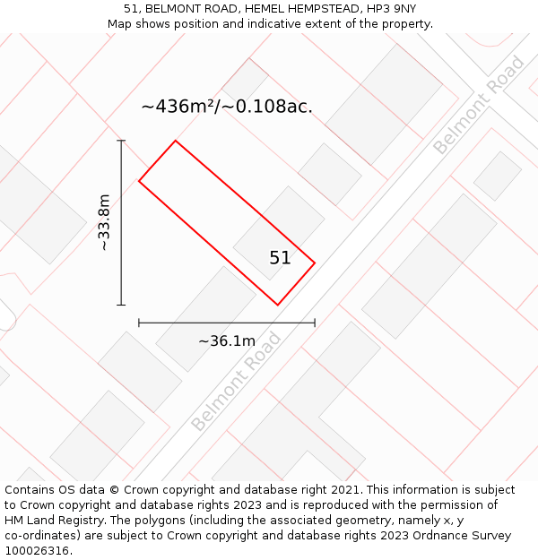 51, BELMONT ROAD, HEMEL HEMPSTEAD, HP3 9NY: Plot and title map