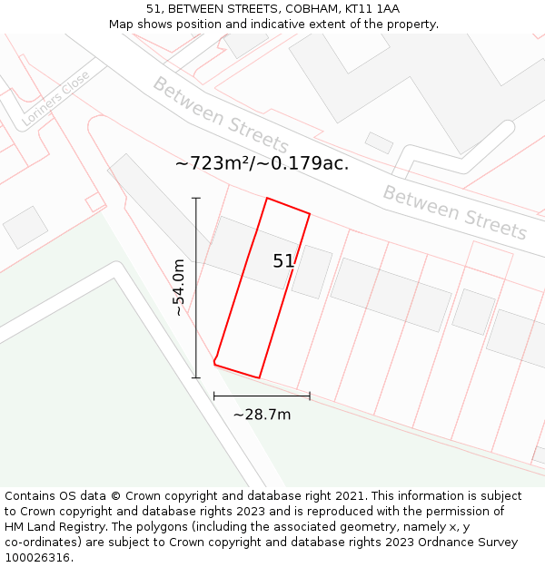 51, BETWEEN STREETS, COBHAM, KT11 1AA: Plot and title map