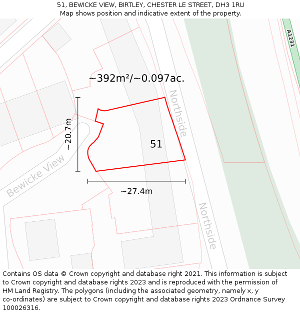 51, BEWICKE VIEW, BIRTLEY, CHESTER LE STREET, DH3 1RU: Plot and title map