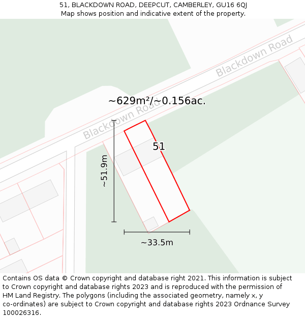 51, BLACKDOWN ROAD, DEEPCUT, CAMBERLEY, GU16 6QJ: Plot and title map