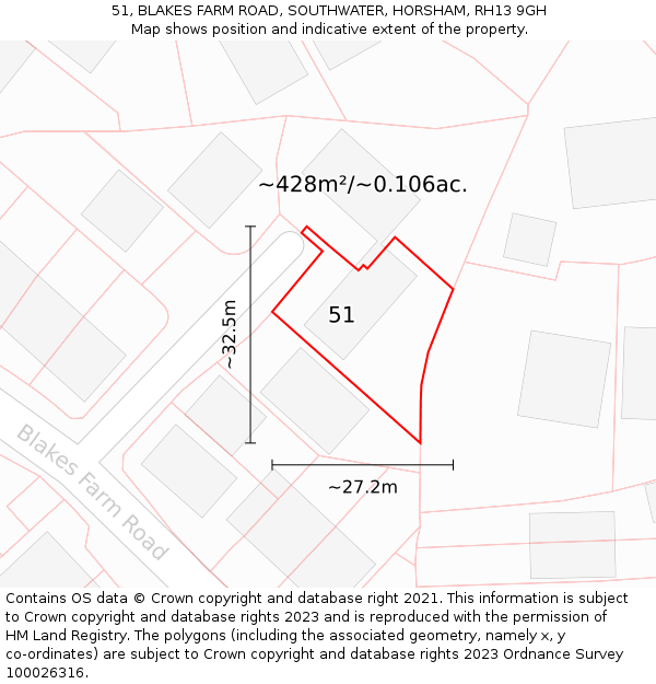 51, BLAKES FARM ROAD, SOUTHWATER, HORSHAM, RH13 9GH: Plot and title map