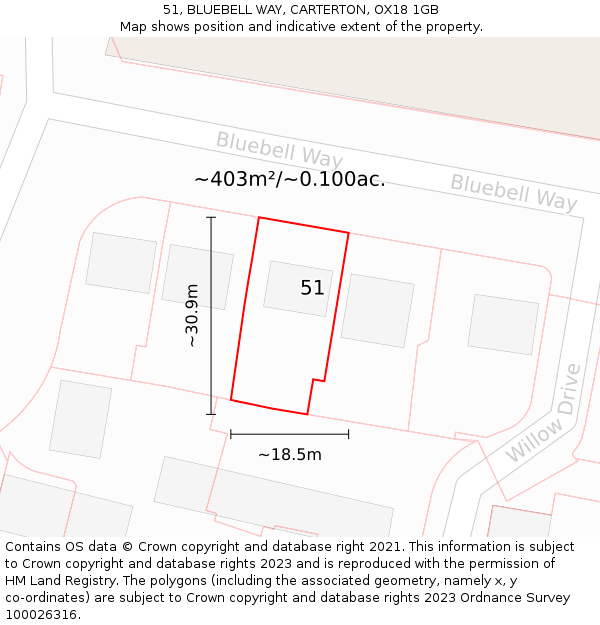 51, BLUEBELL WAY, CARTERTON, OX18 1GB: Plot and title map