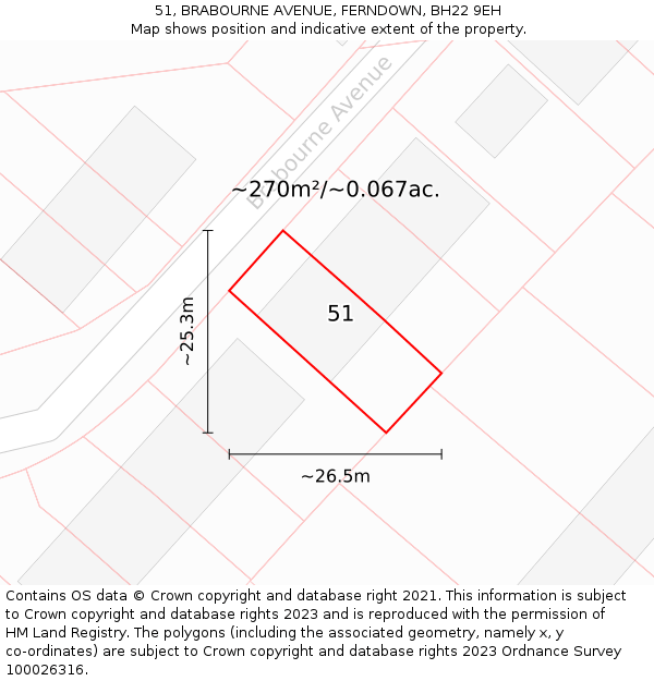 51, BRABOURNE AVENUE, FERNDOWN, BH22 9EH: Plot and title map