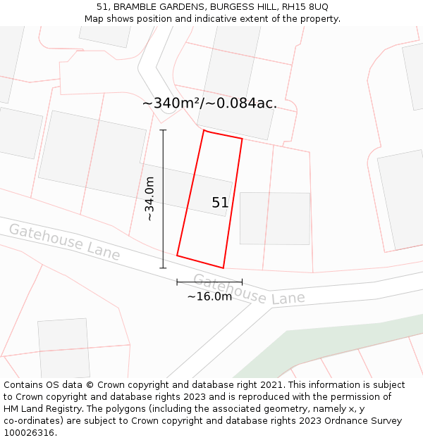 51, BRAMBLE GARDENS, BURGESS HILL, RH15 8UQ: Plot and title map