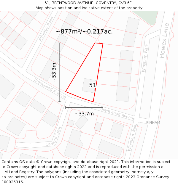 51, BRENTWOOD AVENUE, COVENTRY, CV3 6FL: Plot and title map