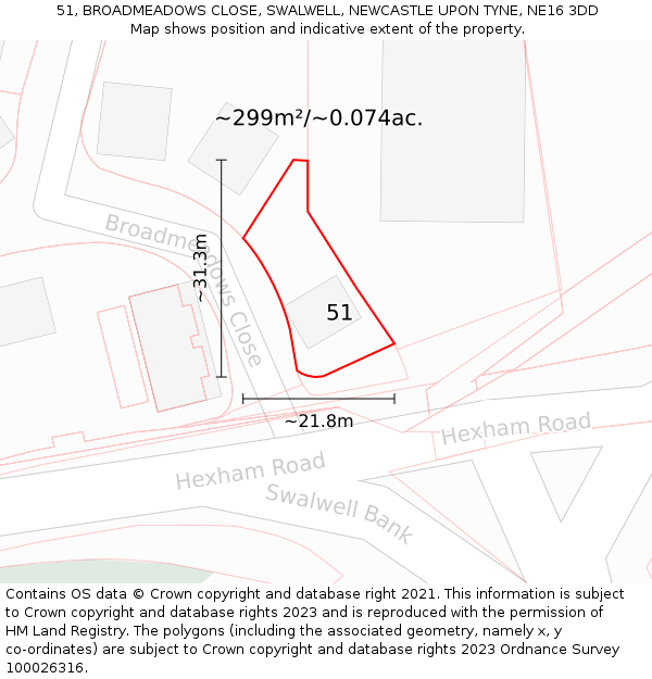 51, BROADMEADOWS CLOSE, SWALWELL, NEWCASTLE UPON TYNE, NE16 3DD: Plot and title map