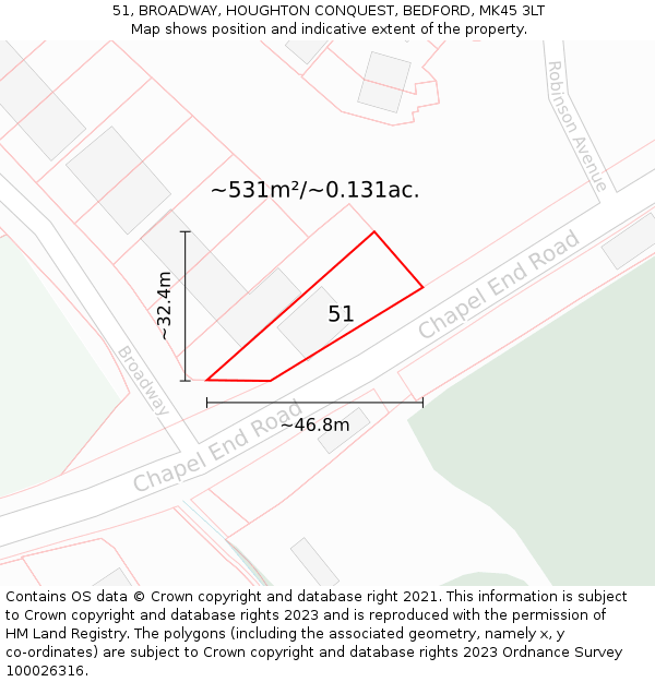 51, BROADWAY, HOUGHTON CONQUEST, BEDFORD, MK45 3LT: Plot and title map
