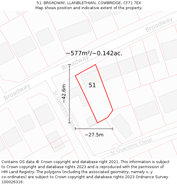 51, BROADWAY, LLANBLETHIAN, COWBRIDGE, CF71 7EX: Plot and title map