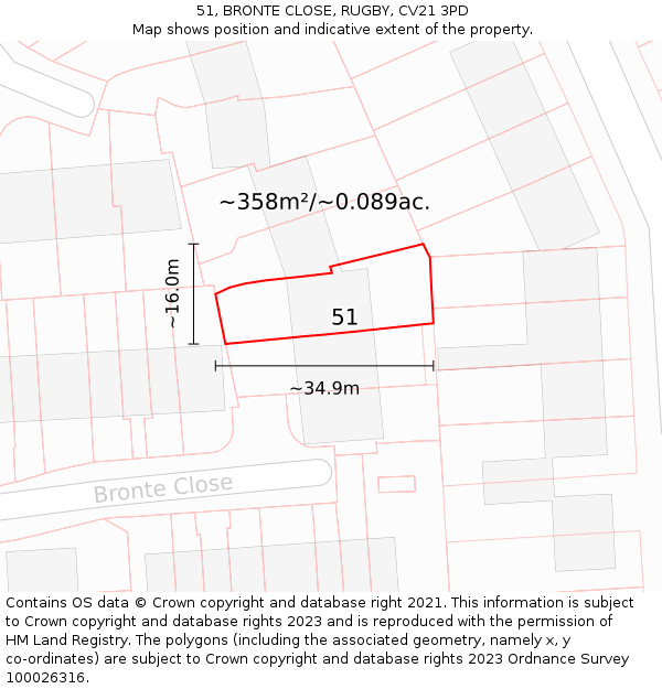 51, BRONTE CLOSE, RUGBY, CV21 3PD: Plot and title map