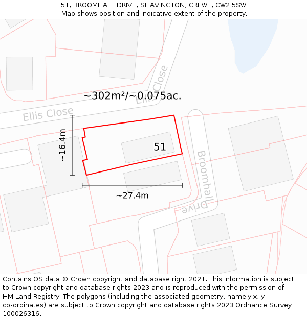 51, BROOMHALL DRIVE, SHAVINGTON, CREWE, CW2 5SW: Plot and title map