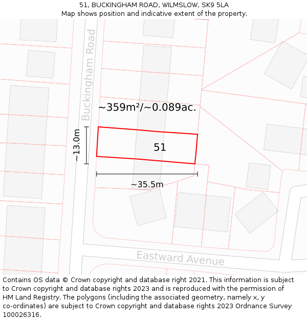 51, BUCKINGHAM ROAD, WILMSLOW, SK9 5LA: Plot and title map