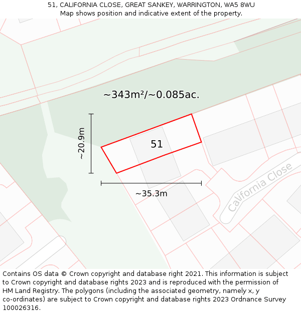 51, CALIFORNIA CLOSE, GREAT SANKEY, WARRINGTON, WA5 8WU: Plot and title map