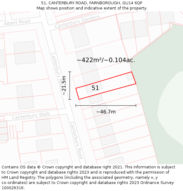 51, CANTERBURY ROAD, FARNBOROUGH, GU14 6QP: Plot and title map