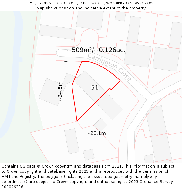 51, CARRINGTON CLOSE, BIRCHWOOD, WARRINGTON, WA3 7QA: Plot and title map