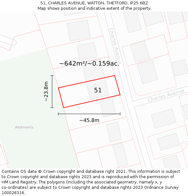 51, CHARLES AVENUE, WATTON, THETFORD, IP25 6BZ: Plot and title map