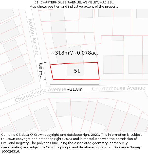 51, CHARTERHOUSE AVENUE, WEMBLEY, HA0 3BU: Plot and title map