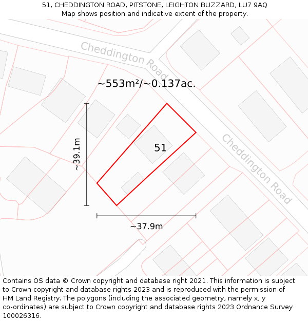 51, CHEDDINGTON ROAD, PITSTONE, LEIGHTON BUZZARD, LU7 9AQ: Plot and title map