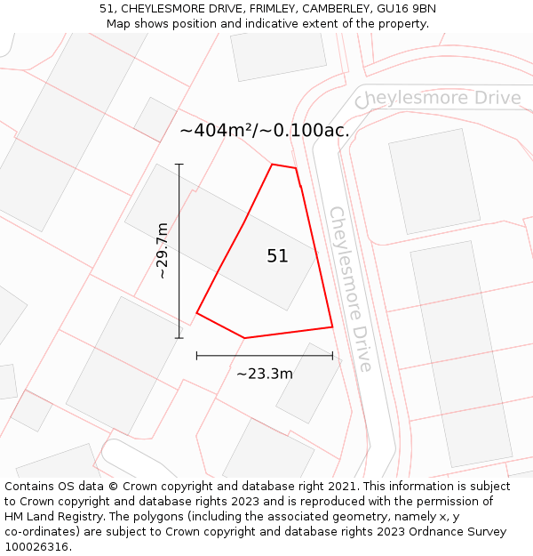 51, CHEYLESMORE DRIVE, FRIMLEY, CAMBERLEY, GU16 9BN: Plot and title map