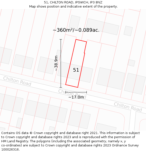 51, CHILTON ROAD, IPSWICH, IP3 8NZ: Plot and title map