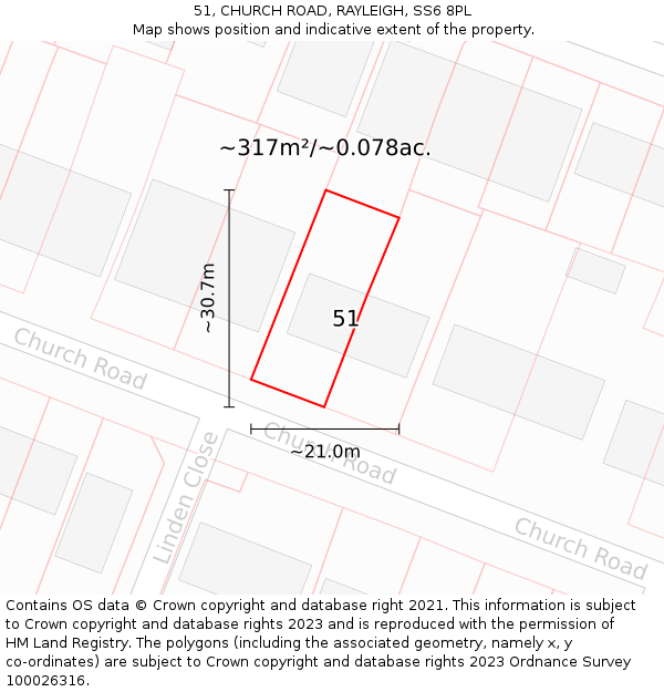 51, CHURCH ROAD, RAYLEIGH, SS6 8PL: Plot and title map