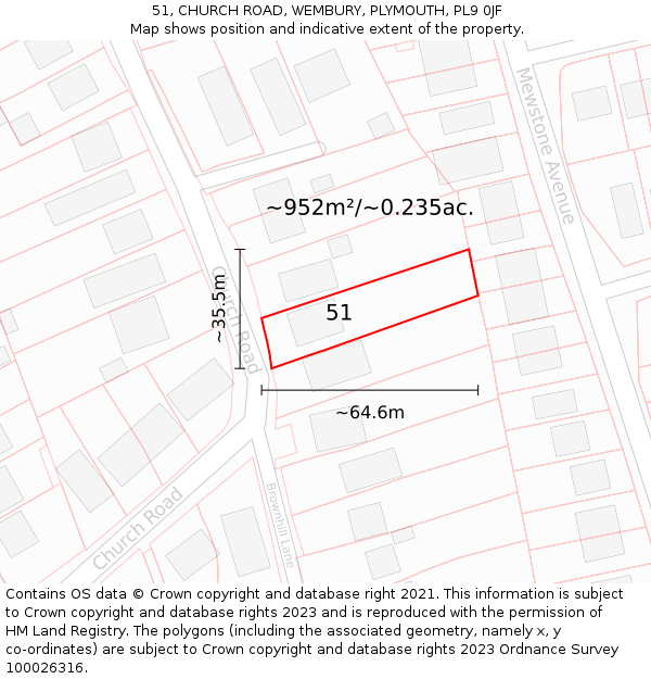 51, CHURCH ROAD, WEMBURY, PLYMOUTH, PL9 0JF: Plot and title map