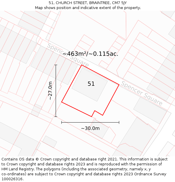 51, CHURCH STREET, BRAINTREE, CM7 5JY: Plot and title map