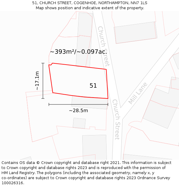 51, CHURCH STREET, COGENHOE, NORTHAMPTON, NN7 1LS: Plot and title map