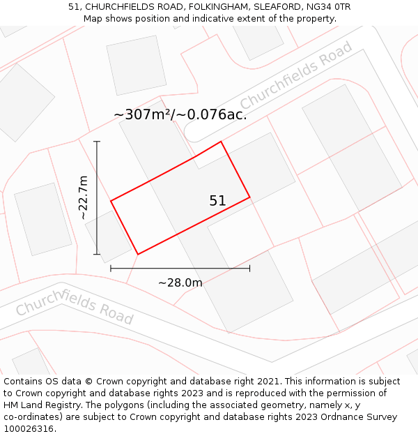 51, CHURCHFIELDS ROAD, FOLKINGHAM, SLEAFORD, NG34 0TR: Plot and title map