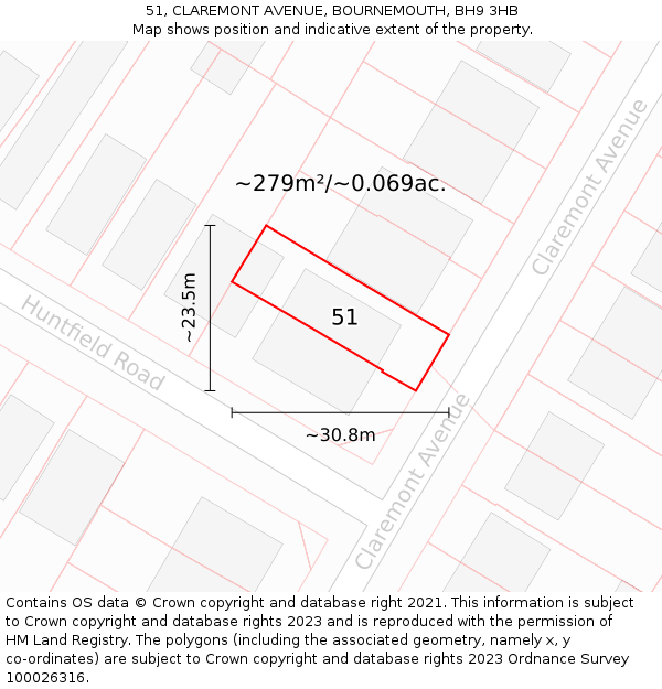 51, CLAREMONT AVENUE, BOURNEMOUTH, BH9 3HB: Plot and title map