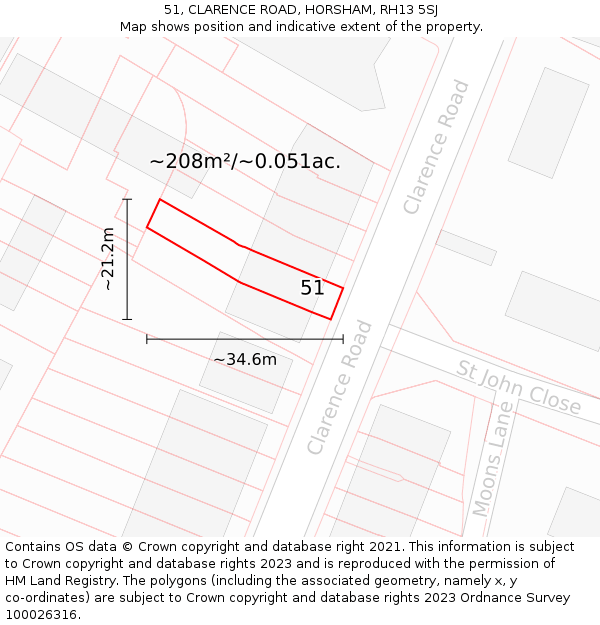 51, CLARENCE ROAD, HORSHAM, RH13 5SJ: Plot and title map