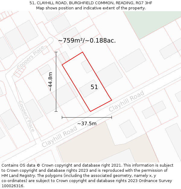 51, CLAYHILL ROAD, BURGHFIELD COMMON, READING, RG7 3HF: Plot and title map