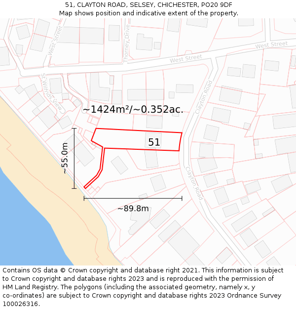 51, CLAYTON ROAD, SELSEY, CHICHESTER, PO20 9DF: Plot and title map