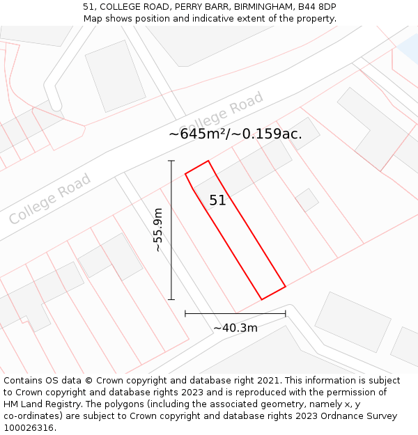 51, COLLEGE ROAD, PERRY BARR, BIRMINGHAM, B44 8DP: Plot and title map