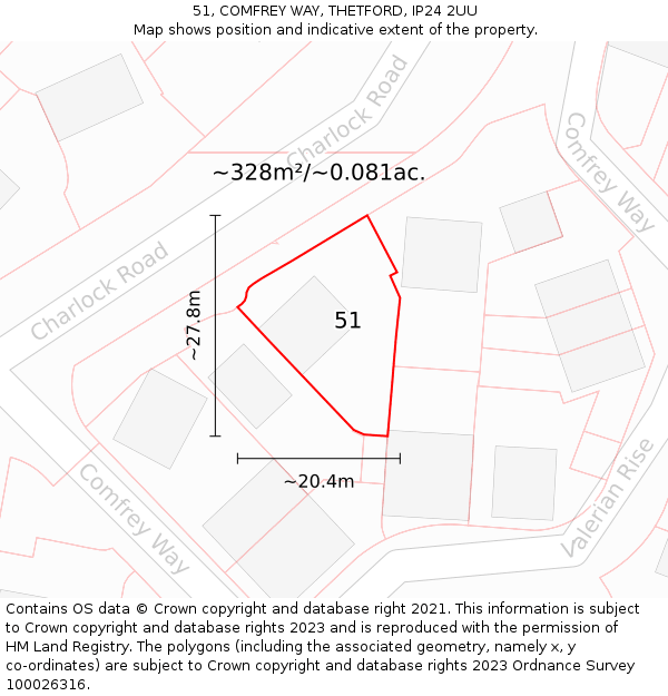 51, COMFREY WAY, THETFORD, IP24 2UU: Plot and title map