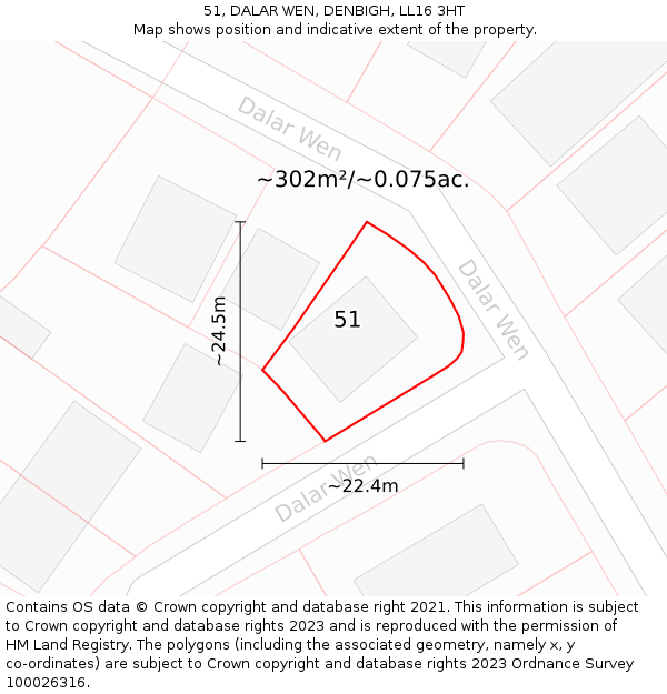 51, DALAR WEN, DENBIGH, LL16 3HT: Plot and title map