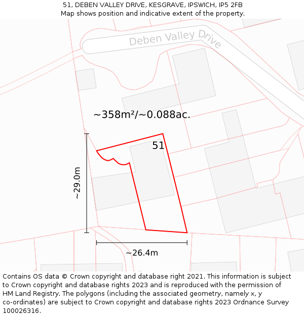 51, DEBEN VALLEY DRIVE, KESGRAVE, IPSWICH, IP5 2FB: Plot and title map