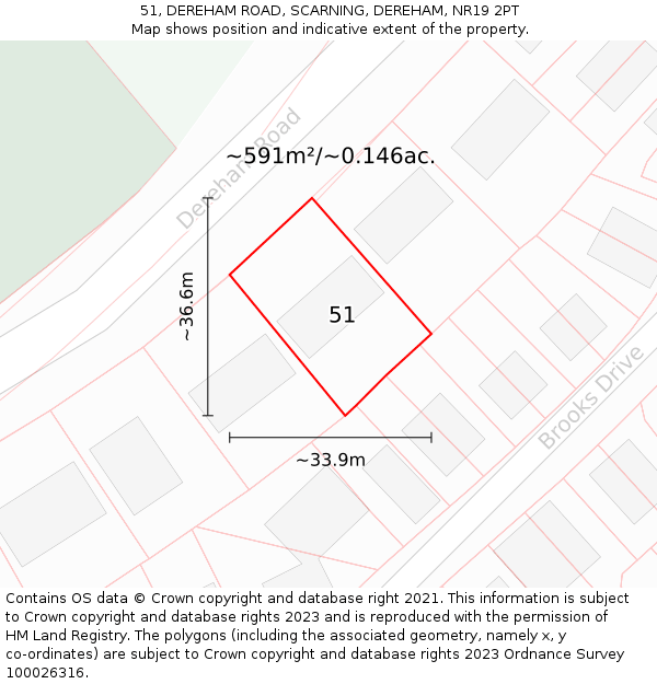 51, DEREHAM ROAD, SCARNING, DEREHAM, NR19 2PT: Plot and title map