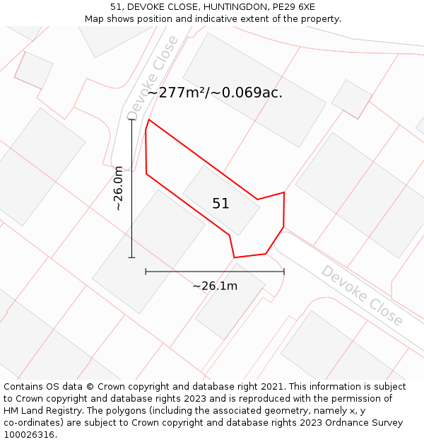 51, DEVOKE CLOSE, HUNTINGDON, PE29 6XE: Plot and title map