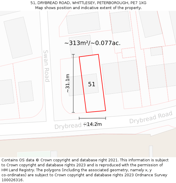 51, DRYBREAD ROAD, WHITTLESEY, PETERBOROUGH, PE7 1XG: Plot and title map