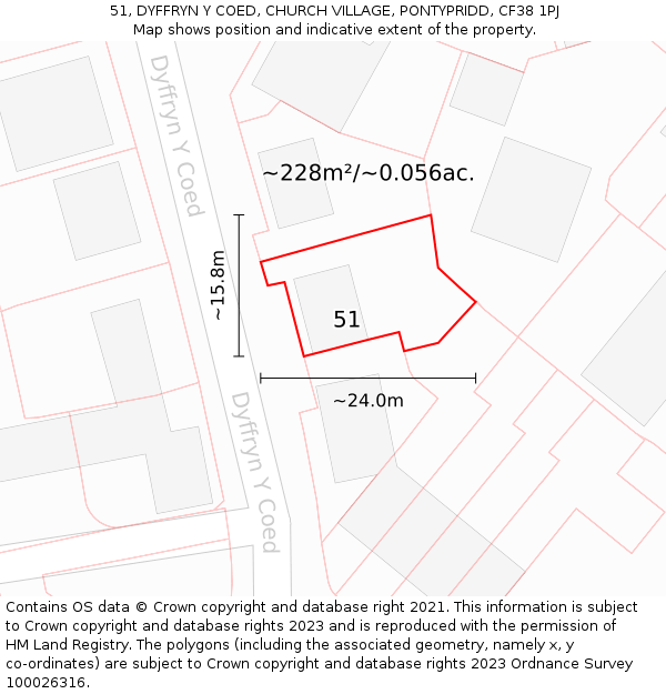 51, DYFFRYN Y COED, CHURCH VILLAGE, PONTYPRIDD, CF38 1PJ: Plot and title map