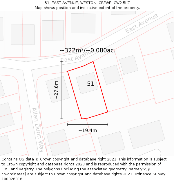 51, EAST AVENUE, WESTON, CREWE, CW2 5LZ: Plot and title map