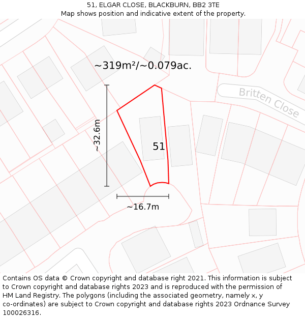 51, ELGAR CLOSE, BLACKBURN, BB2 3TE: Plot and title map